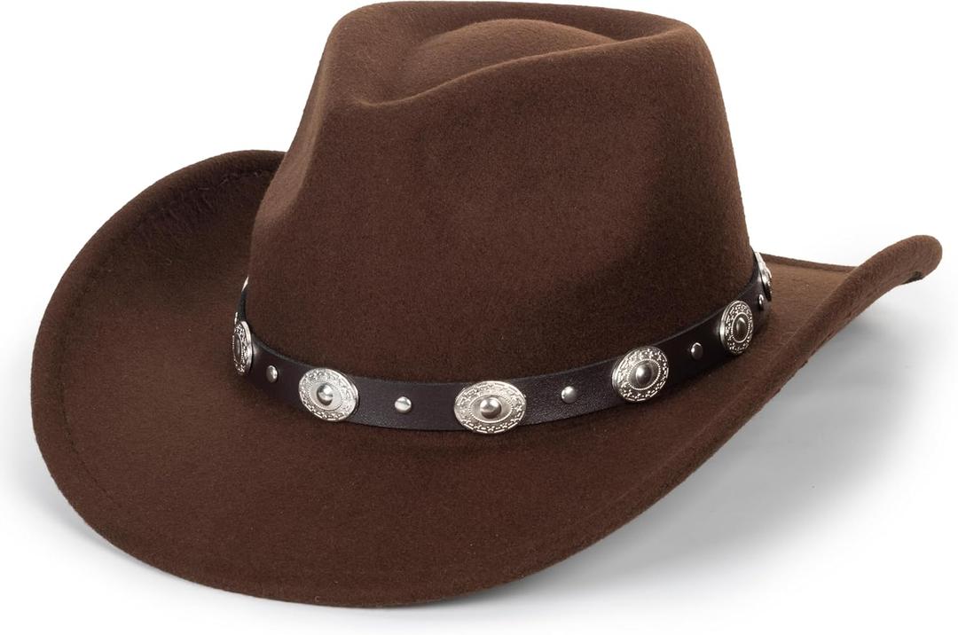 Women & Men Felt Western Cowboy Hat Classic Roll Up Brim Belt Buckle Cowgirl Fedora (M) (Coffee)