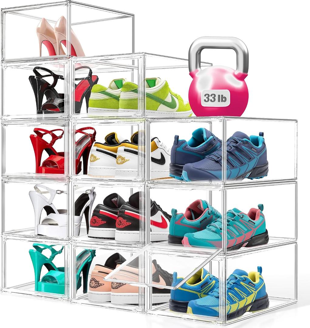 12 Pack Drop Front Acrylic Shoe Boxes with Magnetic Door Fit US Size 12, Clear Stackable Shoe Organizer for Closet, Entryway, Underbed, Multiple Display Cases for Hats, Figures, Sneakers