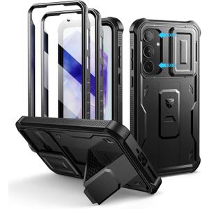 Dexnor for Samsung Galaxy A35-5G Case, [2 Front Frame] [Built-in Slide Camera Cover & Kickstand] Heavy Duty Military Grade Protection Shockproof Phone Case with Screen Protector, 6.6 inch Black
