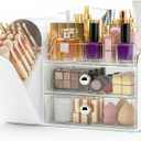 Makeup Organizer,Vanity Organizer with Makeup Brush Holder,Large Skincare Organizers and Bathroom Countertop Organizer,Storage Lipstick,Perfume,Nail Polish,Beauty,Gifts for Women (White)