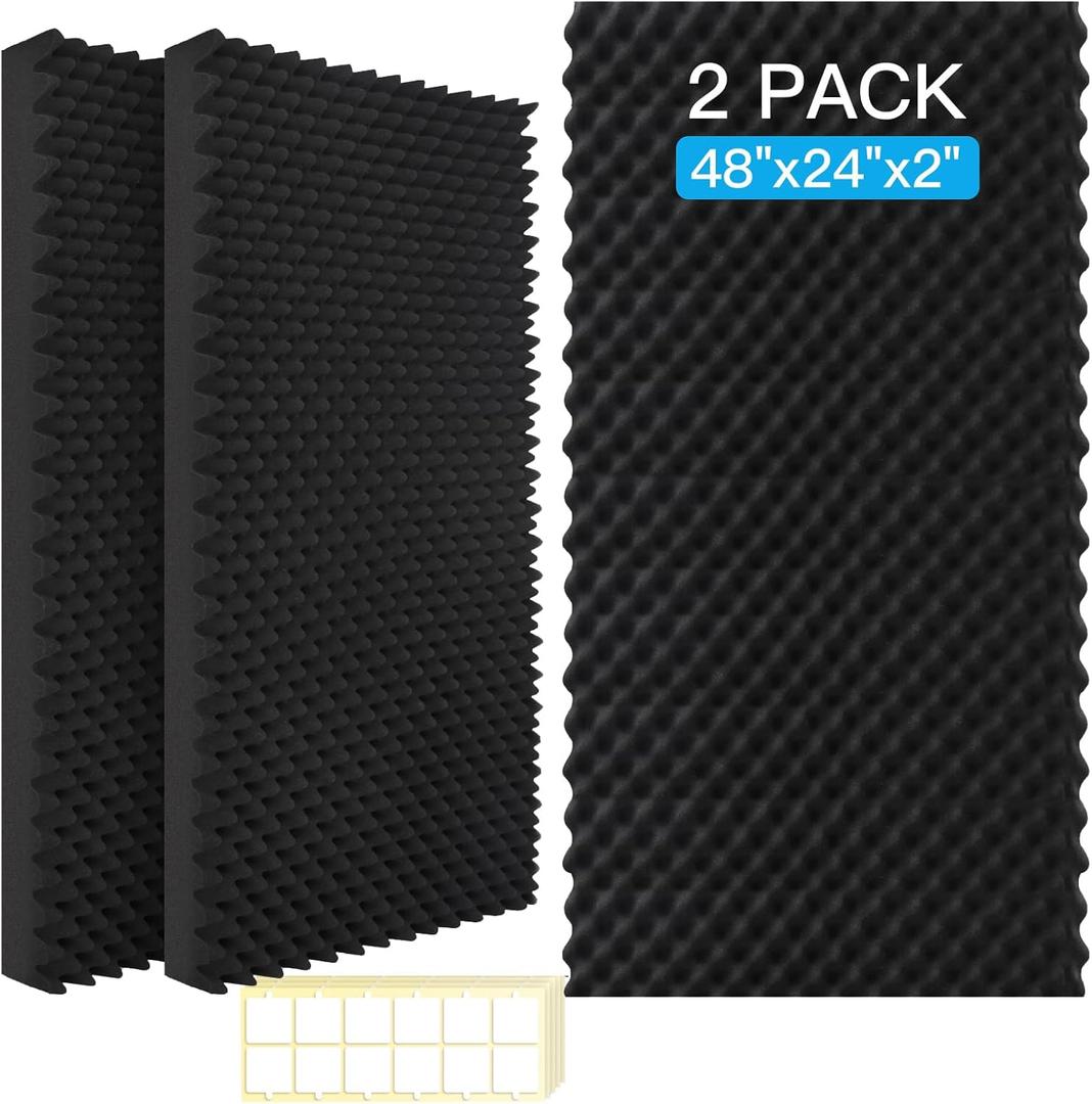 2 Pack Acoustic Panels, 48x24x2 Egg Crate Soundproof Foam Wall Panels High Density Noise Canceling Studio Foam Wall Panels for Echo Absorption Home Office (Black 2 Pack, 48"x24"x2")
