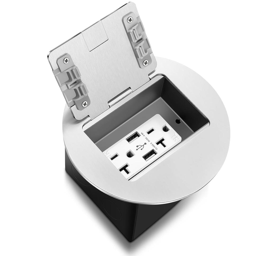 Kanayu Silver Recessed Floor Outlet, 3.98"x 3.66" x 3.15" 1-Gang, Receptacles Duplex with 4.8A USB Chargers 20A TR Device and Waterproof Adjustable Steel Box, Round Electrical Outlet Kit, Etl Listed Kanayu Silver Recessed Floor Outlet, 3.98"x 3.66" x 3.15" 1-Gang, Receptacles Duplex with 4.8A USB Chargers 20A TR Device and Waterproof Adjustable Steel Box, Round Electrical Outlet Kit, Etl Listed