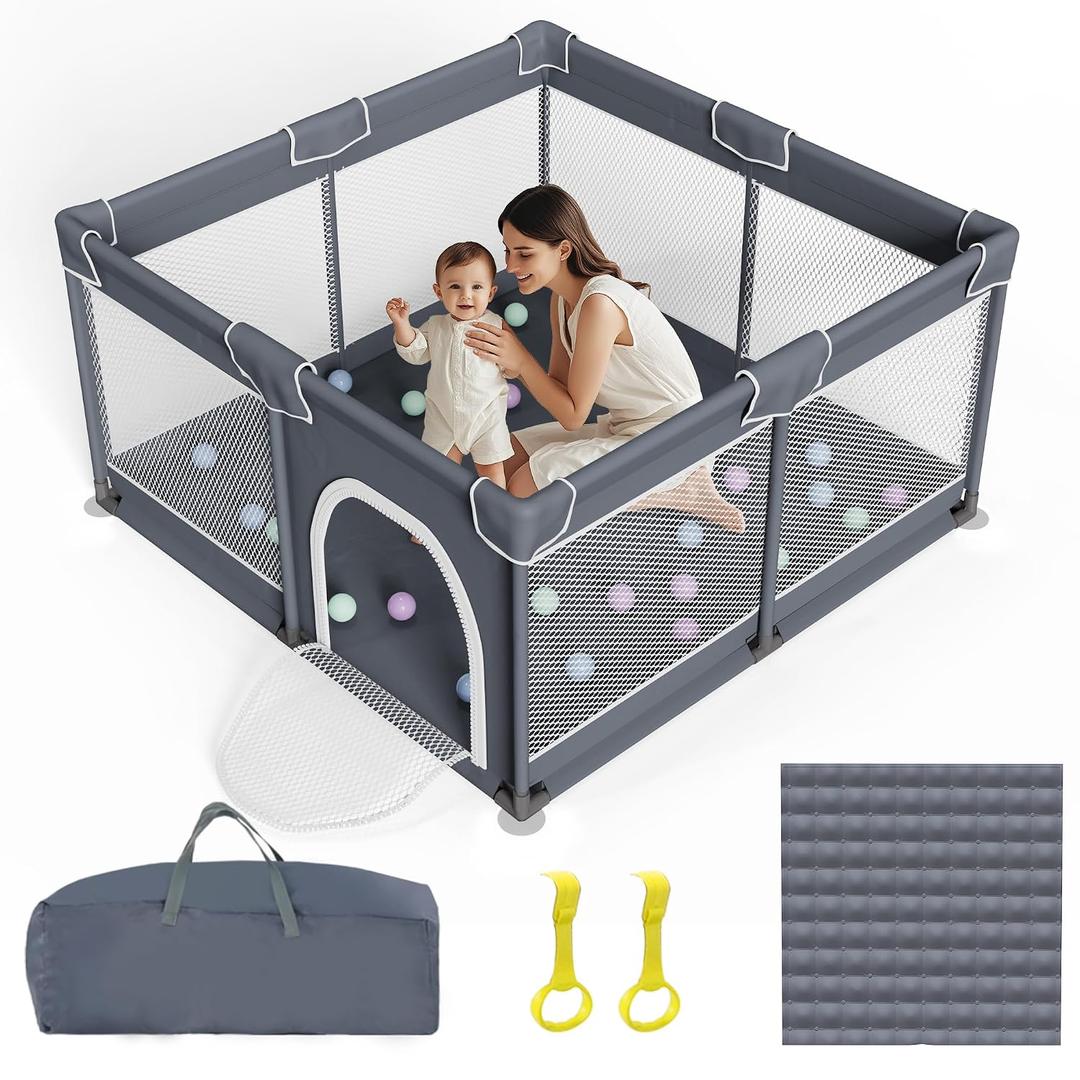 Grobeybees Baby Playpen with Mat, Playpen for Babies and Toddlers, Large Baby Play Pen with Pad, Playard with Bag, Indoor & Outdoor Play Pen, Sturdy Safety Play Yard with Soft Breathable Mesh (Grey)