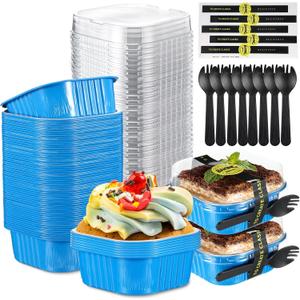 Sliner 100 Pcs 10 oz Mini Cake Pans with Lids Aluminum Foil Disposable Baking Loaf Tins, Spoon, Stickers, Square Cupcake Container for Muffin Ramekins Brownie Wedding Birthday Party(Blue)