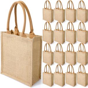 16 Pcs Burlap Tote Bags with Handles and Laminated Interior Reusable Blank Bridesmaid Gift Grocery Beach Bag for Shopping Wedding Party Embroidery DIY Art Crafts, 11 x 9.4 x 4 Inches