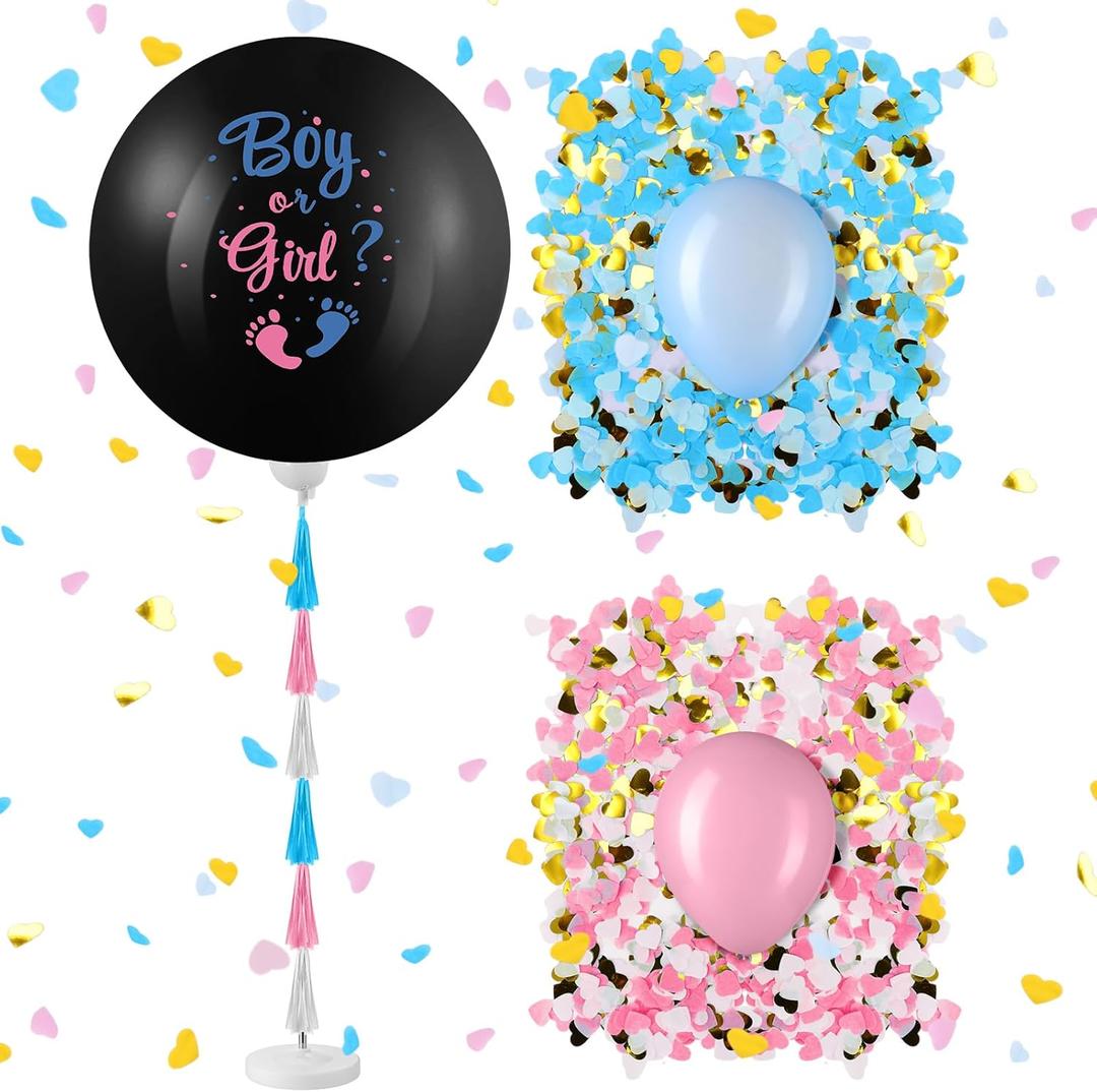 Syhood Jumbo Gender Reveal Balloon Pop Kit 36 Inch Boy or Girl Balloon with 10 Blue Pink Balloons Heart Shaped Confetti Tassels Balloon Stand Baby Shower Party Supplies Decorations(Black)
