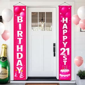 BlissYard 21st Birthday Door Banner 12x72 Inch Pink Backdrop with White Letters Balloon Cake Stars Streamers and Graphic for Happy Birthday Party Wall Hanging Sign Indoor