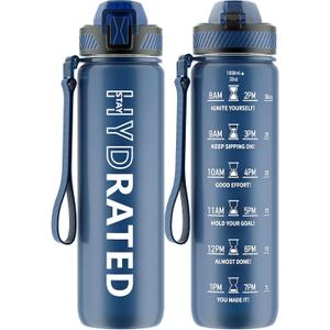 Water Bottle with Straw, 32oz Motivational Water Bottles with Time Marker to Drink, Tritan BPA Free, 1L Sports Water Bottle with Carry Strap LeakProof for Women Gym Fitness Outdoor (1 Pack)