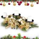 Christmas Table Centerpieces Decoration with 3 Candles Holders Gold Poinsettia Berries Pinecones Artificial Leaf Spray Christmas Balls Ornaments for Xmas Kitchen Tables Mantle Decorations