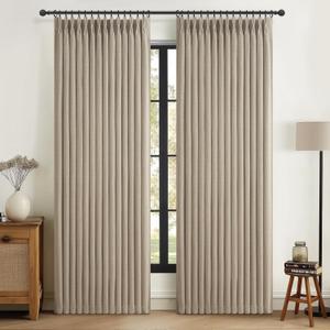 Flax Linen Greyish Beige Light Blocking Curtains 90 Inches Long 2 Panels Set for Dining Room, Neutral Memory Shape Pleated Blackout Heavy Duty Curtain with Hooks Ceiling Track Patio Door Drape 7-1/2FT (Burlywood Birch)