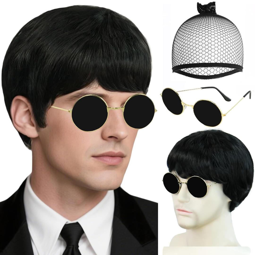 ANOGOL Hair Cap+ (Glasses) Short Black Wig Men 60s Rock Wigs Cosplay Black Synthetic Hair with Bangs Fluffy Wig 60s 70s Mens Costume Wigs Male Guy Christmas Halloween Party Outfit Daily Wear