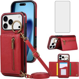 Phone Case Compatible with iPhone 17 Pro Max 6.9 inch 2025 Wallet Case Screen Protector Crossbody Shoulder Strap Ring Buckle Stand Card Holder for i Phone17 17Pro i17 ProMax 17ProMax Women Red