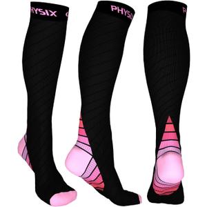 Physix Gear Compression Socks 20-30 mmHg - Men & Women - Running, Nurses, Shin Splints, Flight, Travel (Black/Pink)