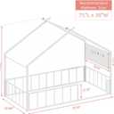 Timy House Shape Twin Size Montessori House Bed Metal Floor Bed with Pegboard and High Rails 1 Safe Opening Gate, White