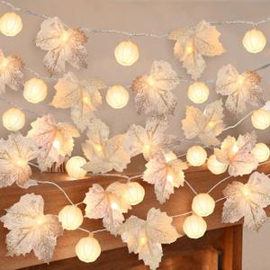 Thanksgiving Decorations-3 Pack 60LED Pumpkin Lights Fall Garland with 3D Pumpkin Enlarged Maples Leaf Battery Operated Pumpkin Thanksgiving Decor Autumn Fall Decor for Home Indoor Outdoor Holiday (Grey White)