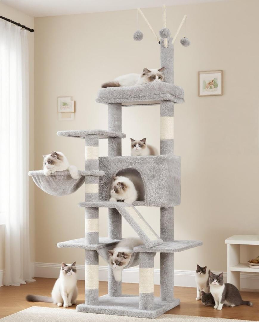 Cat Tree, Multi-Level Cat Tower for Indoor Cats, Cat Condo with Cat Scratching Post and Board, Cat Hammock, Light Gray GCT011W (63 inches)