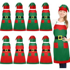 Ramede 16 Pcs Christmas Elf Apron and Hat Set, 8 Aprons and 8 Hats Elf Costume Kits Accessories (Green, Red)