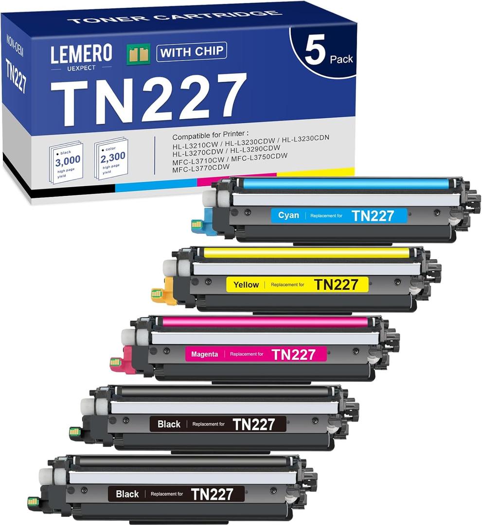 LEMERO UEXPECT TN-227BK/C/M/Y High Yield Toner Cartridge Compatible Replacement for Brother TN227 TN-227 TN227BK TN223BK TN223 TN-223 for MFC-L3770CDW HL-L3290CDW MFC-L3710CW HL-L3270CDW (5 Pack)