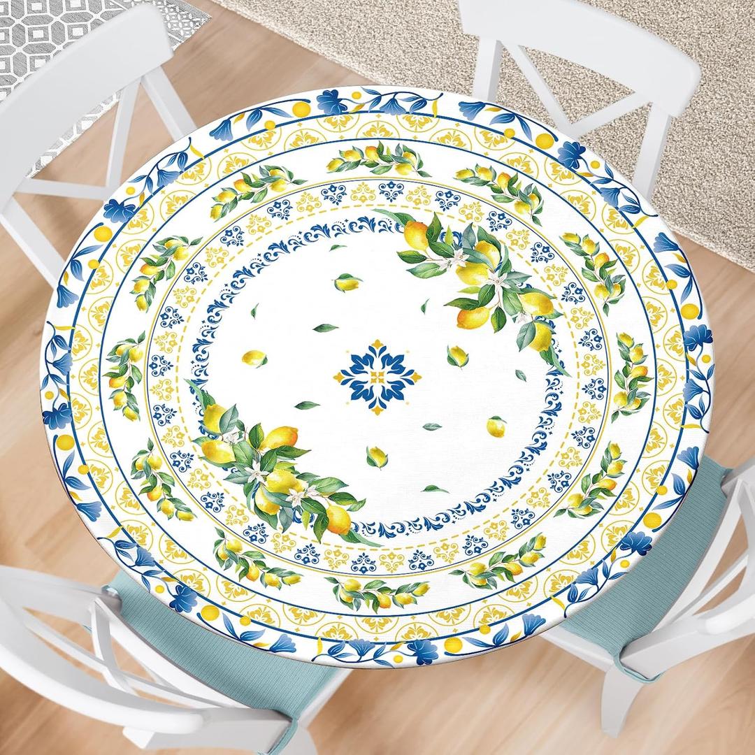 Lemon Round Fitted Tablecloth with Elastic Edge Summer Outdoor Tablecloth Waterproof Table Cover for Picnic Dinner Party Decor Fits 44-48" Diameter Round Tables