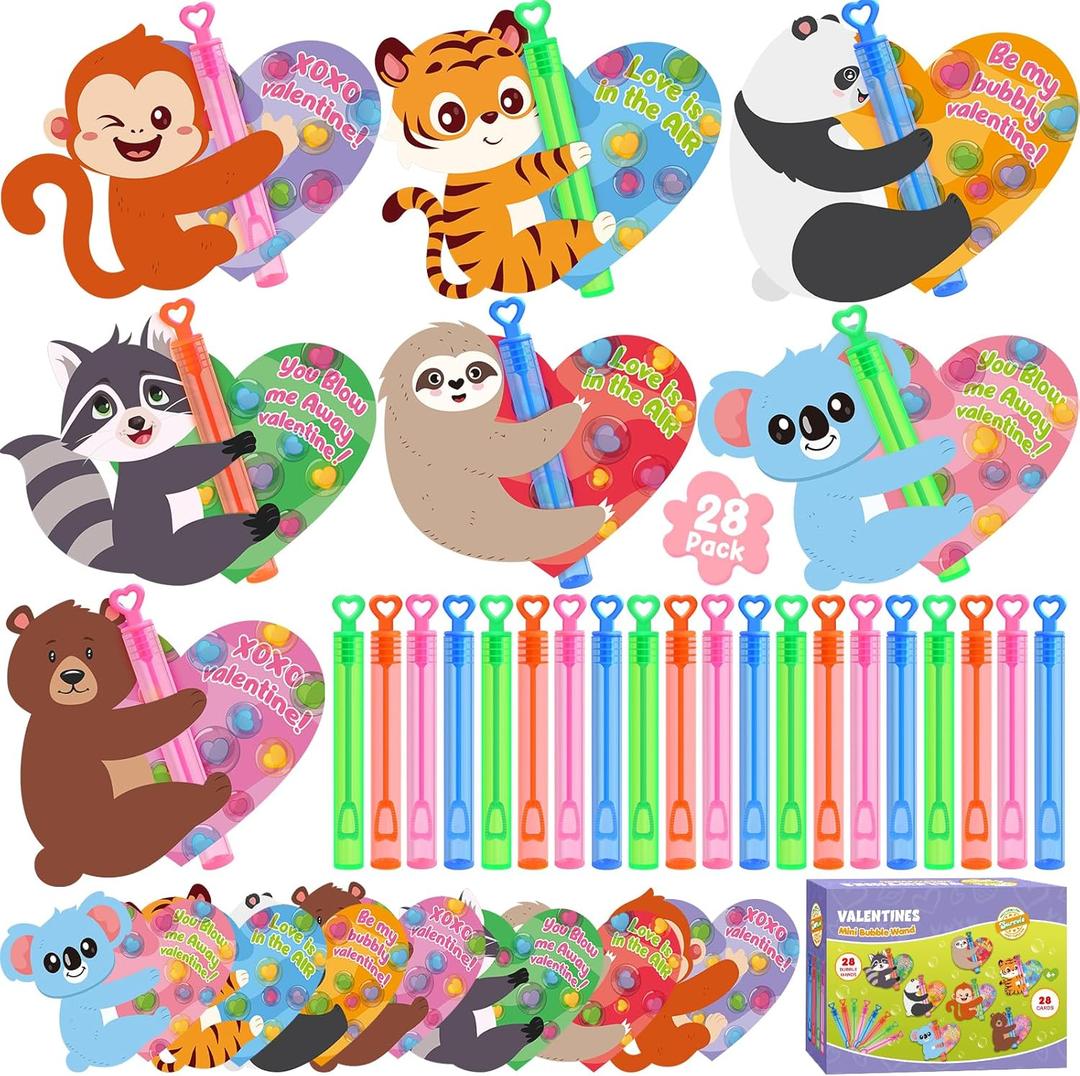 Valentines Day Gifts for Kids, 28 Pack Mini Bubble Wands with Greeting Cards Valentines Animal Themes for Kids, Valentine's Day School Prizes Party Favor, Classroom Exchange Gifts