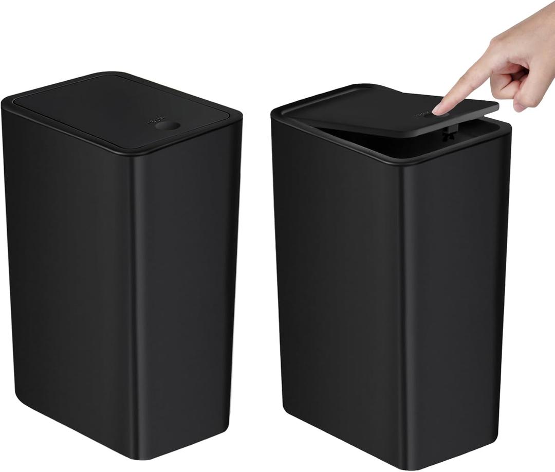 TIPGO Bathroom Can with Lid, 10 Liter/ 2.6 Gallon Slim Garbage Can, Small Bin Waste Basket with Pop-Up Lid for Kitchen, Bedroom, Living Room, Office (2 Pack, Black)