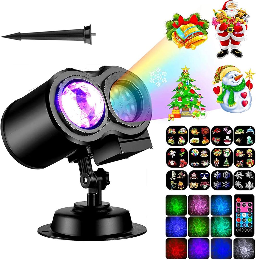 LED Christmas Projector Light Outdoor, LED Projection Lamp with 16 Foils Slidesdouble Projection Light Waterproof, Water Wave Light with Remote Control for Christmas, Party,Indoor And Outdoor Use