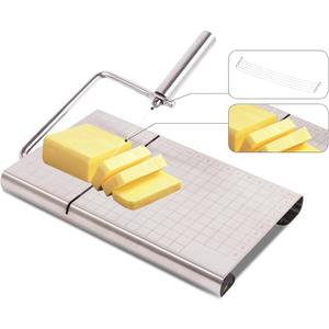 Cheese slicer, stainless steel metal cheese slicer for block cheese, cake, butter, adjustable replaceable metal wire cheese slicer, with cutting board and precise scale grid, with 5 metal wires