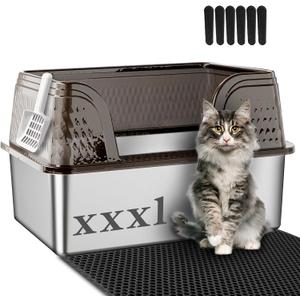 XXXL Stainless Steel Litter Box with High Sided Deep Side Entry Deep Extra Large Metal Litter Box Included Mat & Scoop Anti-Urine Leakage Cat Litter Boxes for Big Cats (Black)