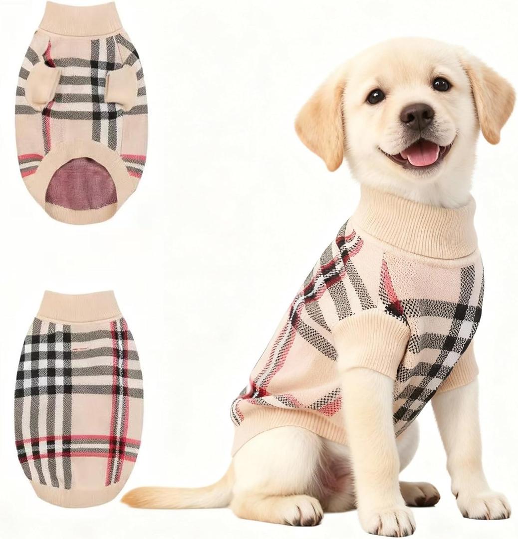 Small/Medium Dog Sweater, Warm Dog Winter Coat w/Sleeves, Comfortable High Neck & Leash Hole, Premium Dog Clothes for Labrador-Best for Holidays, Daily Walks XL Apricot (Grid Apricot Zipper)