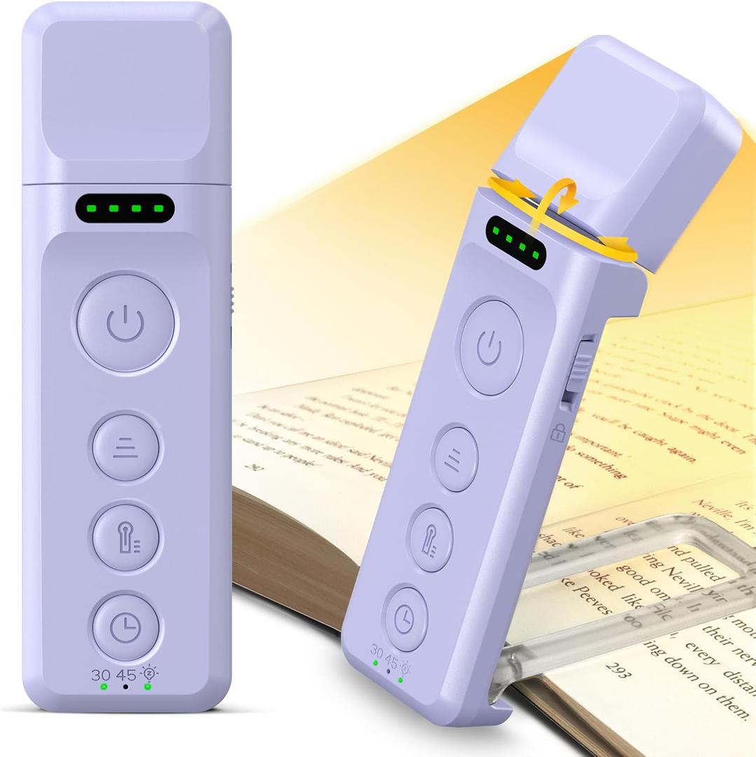 Glocusent Book Lights for Reading at Night, Rechargeable Reading Light with Sleep Aid & Timer, 5 Brightness & 3-Color Book Lamp for Reading in Bed, Night Reading Light for Book with a Travel Lock (Purple)