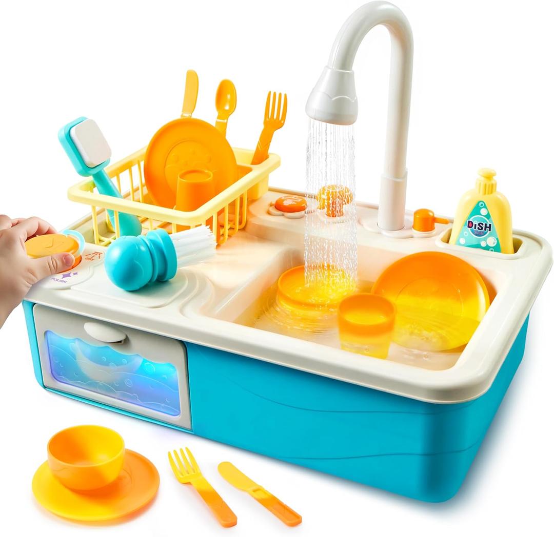 Color Changing Play Sink Kitchen Toys - Pretend and Play Toddler Toy with Running Water, Electric Dishwasher and Chopping Sounds - Automatic Water Cycle System Birthday Gift for Girls Boys