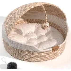 CHEERPALS Cat Basket Bed for Indoor Cats, Covered Pet Bed with Washable Cushion and Ball Rope Cotton Bed for Medium and Large Cat, All Season Universal(White)