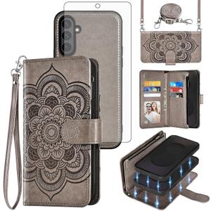 Asuwish Phone Case for Samsung Galaxy S25 FE 5G Zipper Wallet Detachable Cell Cover with Tempered Glass Screen Protector Crossbody Strap Flower Card Holder S 25 EF S25FE 25S 25FE Women Men Girls Gray