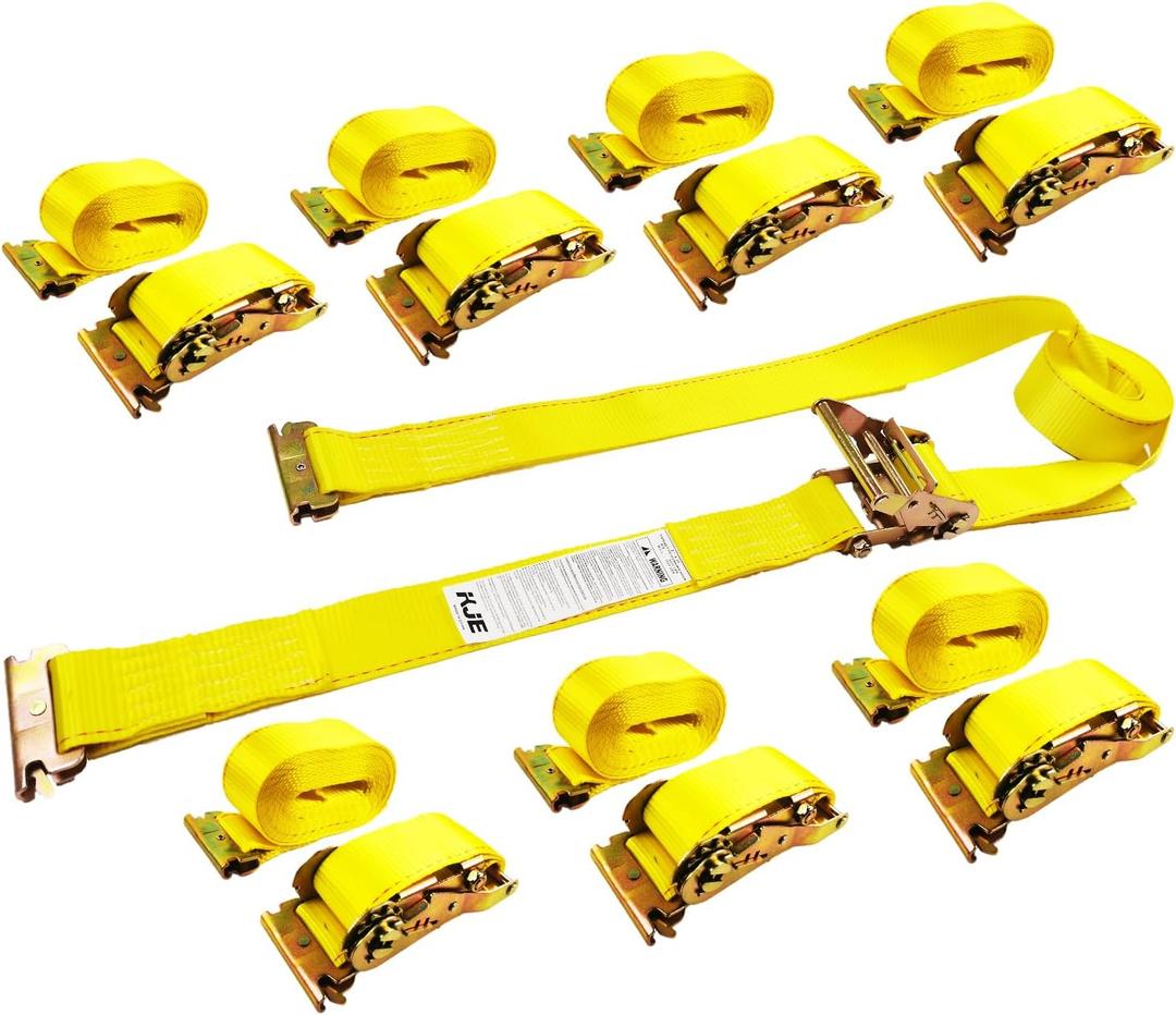 KJE 8 Pack E-Track Ratchet Straps, Heavy Duty 2" x20' Cargo Tie-Downs, 4500LBS Breaking Strength, Standard E Track Fitting Tie Down Ratcheting Strap for Cargo Vans, Trucks, Trailers