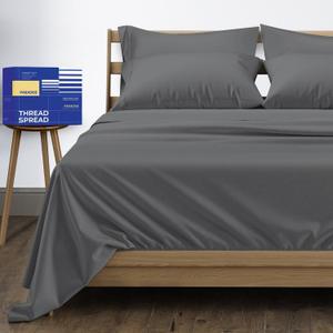 THREAD SPREAD 100% Egyptian Cotton Sheets California King Size - High Thread Count, Luxury 5-Star Hotel Cal King Sheets (6 PC, Dark Grey), Soft, Cooling, Sateen Weave, 16" Deep Pocket Bed Sheet Set (California King with four cases)