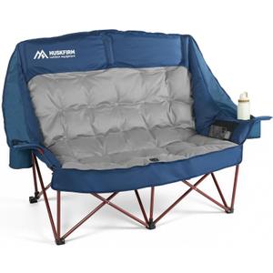 High Back Double Camping Chair 2 Person Camping Chair Low Seat Loveseat Camping Chair Fully Padded Oversized Camping Couch for Adults - Supports 650 LBS with Cup Holders Carry Bag - Blue