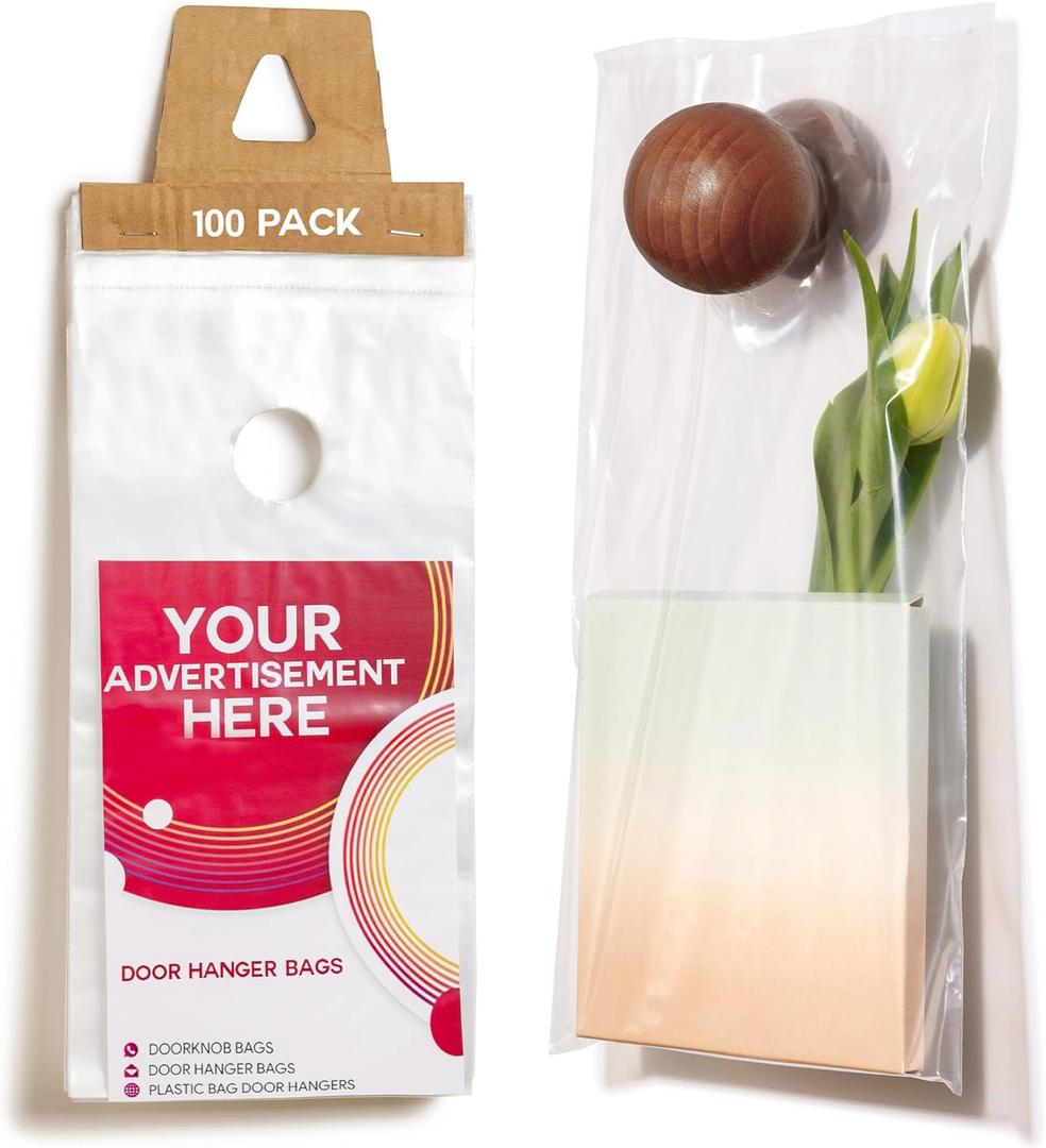 Door Hanger Bags 6 x 12 - Waterproof and Secure 100 Pack Perfect Display for Your Advertisement Plastic Door Hanger Bags