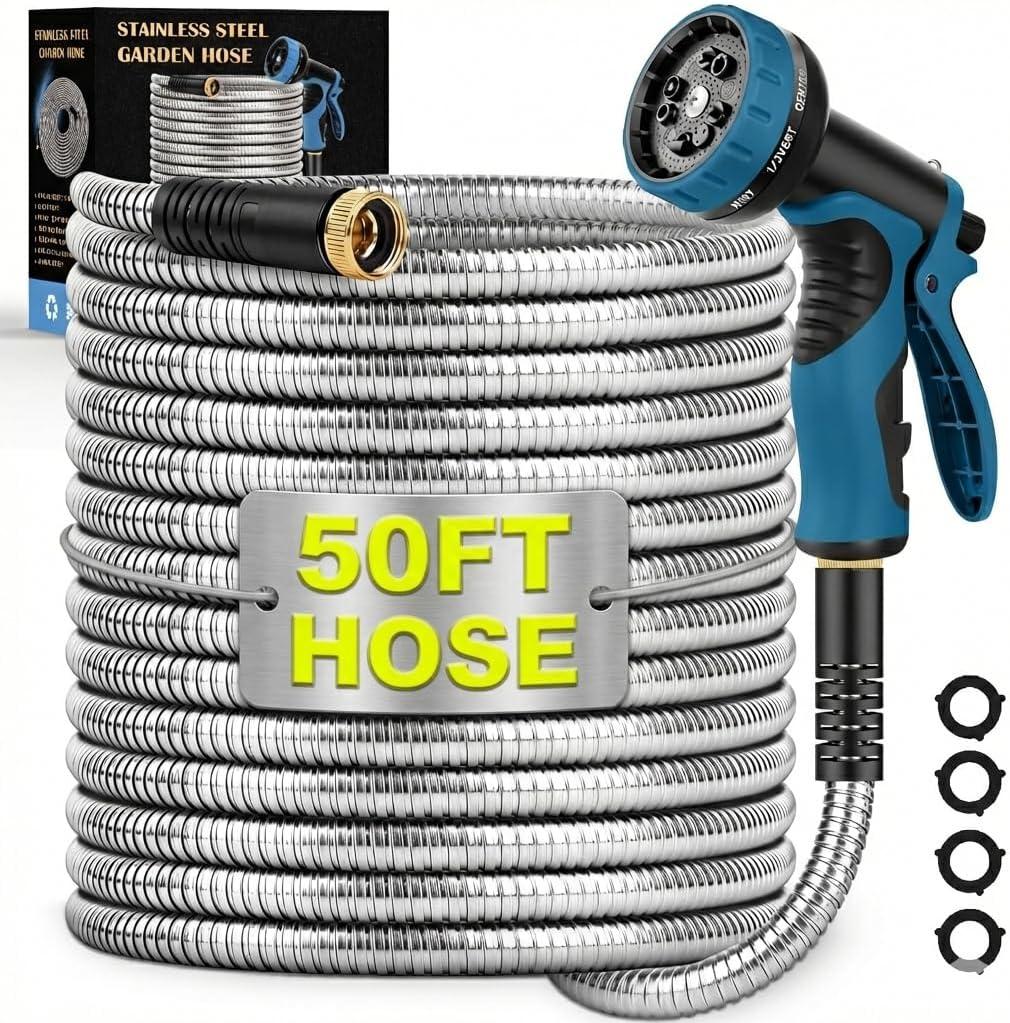 Garden Hose 50FT, Water Hose with 10 Function Nozzle, Garden Hose Metal with Leak-proof Connectors, No-Kink, Lightweight, Puncture-proof, Pet-proof, Sturdy, Hose for Outdoor, Yard