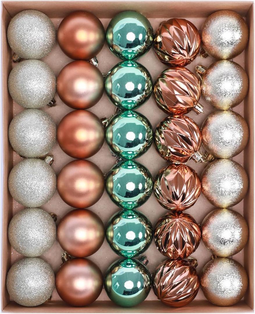30ct Christmas Ornaments Tree Decorations Set-2.36 Inch Green Copper Gold Shatterproof Decorative Hanging Ball Ornament Bulk, Xmas Tree Tabletop Decorations for Fall Halloween Party Home Decor