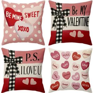 BBOLDIN Valentine's Day Throw Pillow Covers 18x18 Couch Cushion Covers, Buffalo Plaid Bow Decorations for Bedroom Home, Red Pink Farmhouse Pillow Cases Heart Decor Set of 4