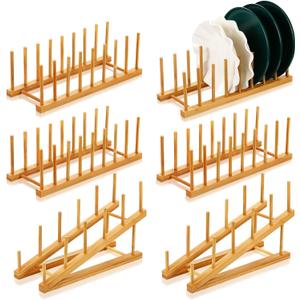 6 Pcs Bamboo Dish Rack 8 Slots Wooden Plates Rack Drying Organizer for Cabinet Classroom Book Organize Pot Lid Holder Bowl Cup Cutting Board Wood Display Stand for Kitchen Cabinet Storage Organizer