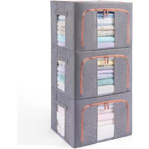 GuliPostan 3 Pack 100L Stackable Clothes Storage Bins with Metal Frame Handles & Zipper, Collapsible Closet Organizer Box with Lid for Bedding Blankets Towel (Grey)