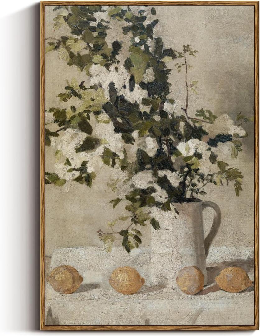 VIYYIEA Vintage Floral Large Framed Wall Art, Flowers and Lemons Paingtings Decor Aesthetic, 24x36 Inch Canvas Print Artwork, Farm Still Life Wall Pictures for Bedroom Living Room (36L" x 24W")