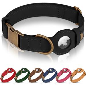 BUDKAS AirTag Dog Collar - Genuine Leather Dog Collar with Apple AirTag Holder and Metal Buckle - Smart GPS Tracking Pet Collars (Black, L, 17"-21" Neck Fit)