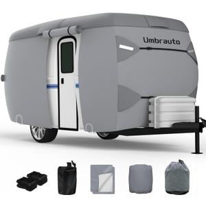 Umbrauto Fiberglass Travel Trailer Cover Fits 8'-10' Trailers, 2023 Upgraded 7 Layers Top Camper RV Cover with Windproof Strap,Adhesive Repair Patches