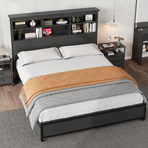 Garvee Full Platform Bed Frame with Bookcase Headboard, Charging Station (USB & Type‑c), Tall Wooden Headboard, 9.6" Underbed Storage, No Box Spring Needed, Black