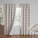 Mysky Home  100% Blackout Brown Plaid Linen Curtains 90 Inches Long Double Layer Farmhouse Thermal Insulated Checkered Patterned Drapes Rod Pocket Back Tab for Living Room Dining Room, 2 Pcs, W52