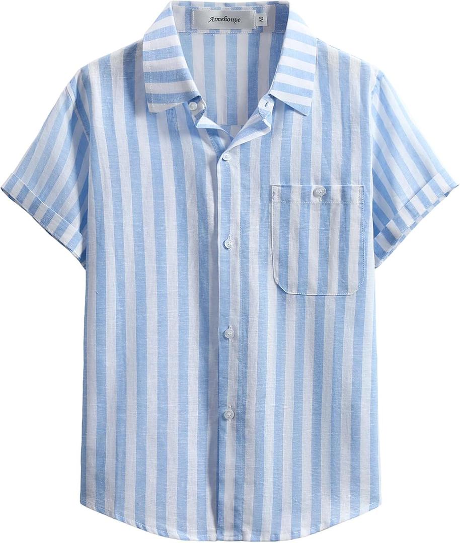 Boys Button Dwon Shirt Short Sleeve 2026 Fashion Shirt Casual Lightweight (Blue, M)