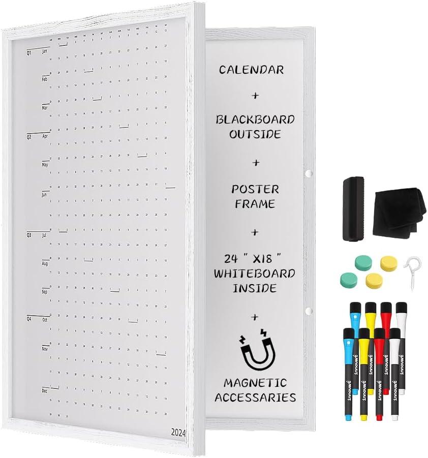 INNOVART Hidden Magnetic Dry Erase Whiteboard 24x18, Secret Dry Erase Board, Secret Marker Board Poster Frame w/Chalk Board Surface, Foldable Whiteboard Includes Poster, Acrylic Protect Film, Maker