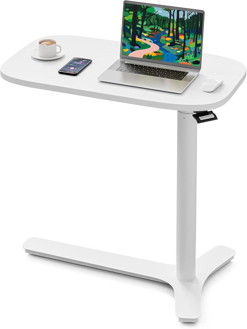 Muvai Overbed Bedside Table with Hidden Casters,30 Inches Adjustable Height Pneumatic Mobile Laptop Standing Desk, Rolling Computer Table for Home & Hospital Use White 30" W x 17.7" D